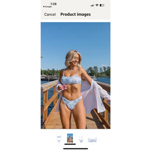 Women's VOLAFA White Blue Floral Smocked Triangle, Size S.